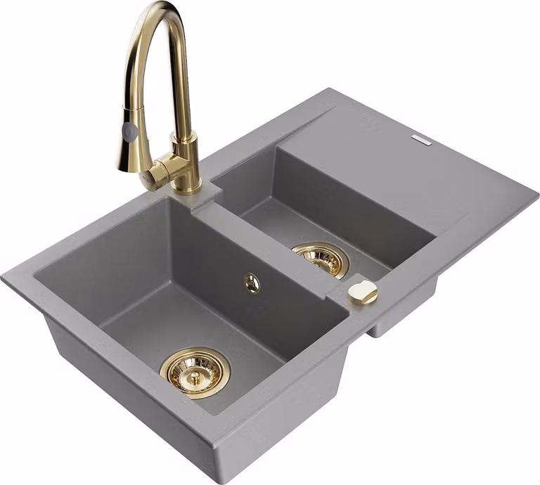 Mexen Gaspar lavello in granito 1,5 vasche con scolapiatti e rubinetto da cucina Elia, grigio - 6507-71-670101-50