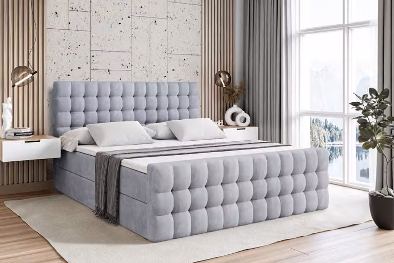 Letto boxspring ALTDECOR con materasso e rete a doghe - VIONE -Z - 160x200 cm - Grigio Monolith - Letto boxspring, pediera, topper, letto imbottito con contenitore, letto con contenitore H4 - Materasso, letto matrimoniale, letto boxspring