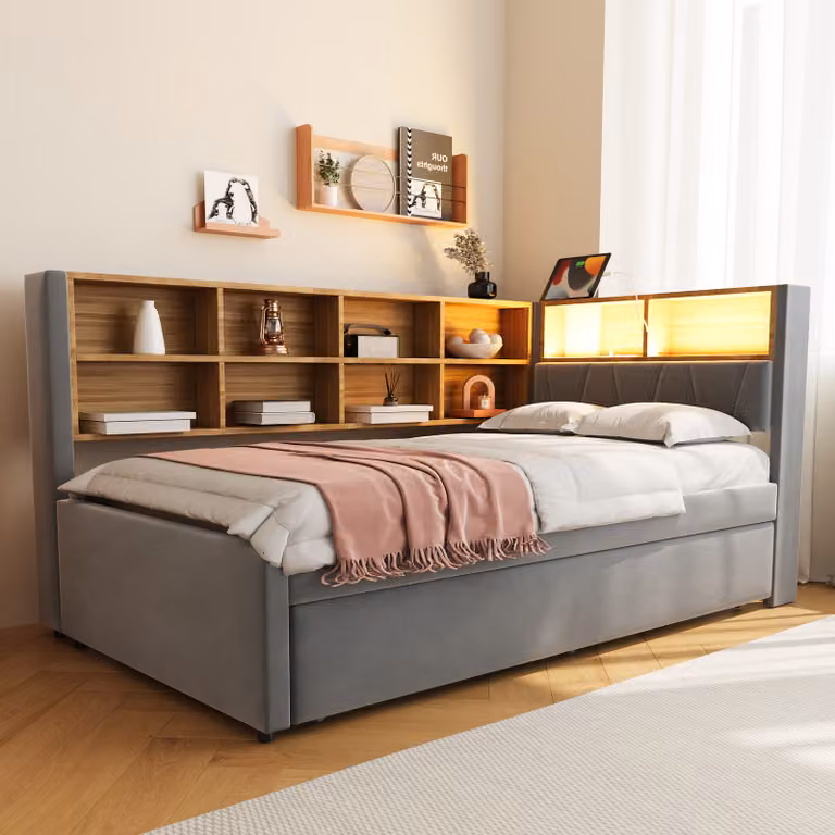 Letto imbottito MODFU, divano letto 90x200 cm e 90x190 cm, letto estraibile con luci a LED, prese di corrente e numerosi vani portaoggetti, flanella, con materasso, grigio scuro