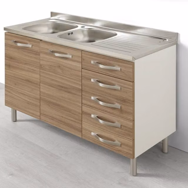 Mobile cucina componibile Redokasa linea MAKA con sottolavello e lavello a sinistra, colore Noce, con due ante e 4 cassetti, larghezza: 120 cm