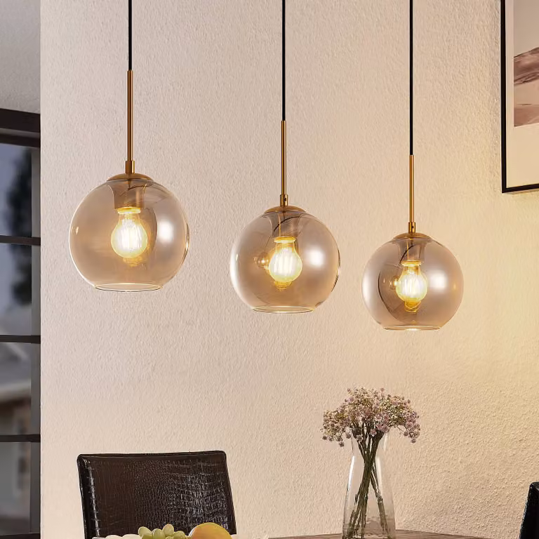 Lampada a sospensione in vetro Hiwana Lindby, dimmerabile, Alluminio / Grigio / Zincato, Soggiorno / Sala da pranzo, Vetro, Moderno, Lampada a sospensione