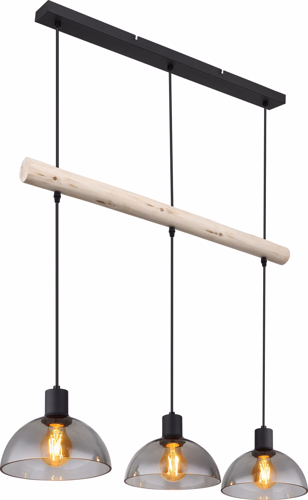 Lampada a sospensione, colore nero, vetro fumé, 3 luci, lunghezza 80 cm