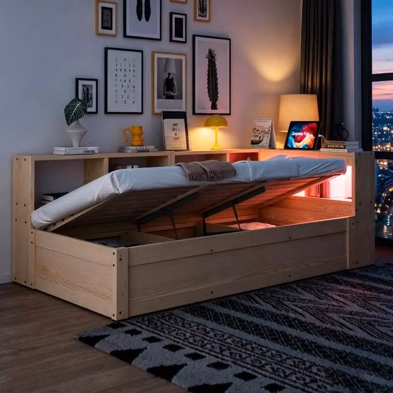 Letto singolo 90x200 cm, colore legno, con spazio contenitore, striscia LED e presa di corrente, ideale per la camera da letto