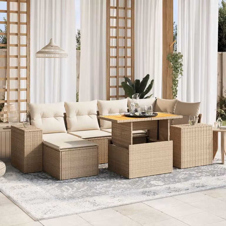 vidaXL Set Divani da Giardino 7 pz in Polyrattan con Cuscini Beige e Struttura in Legno di Acacia