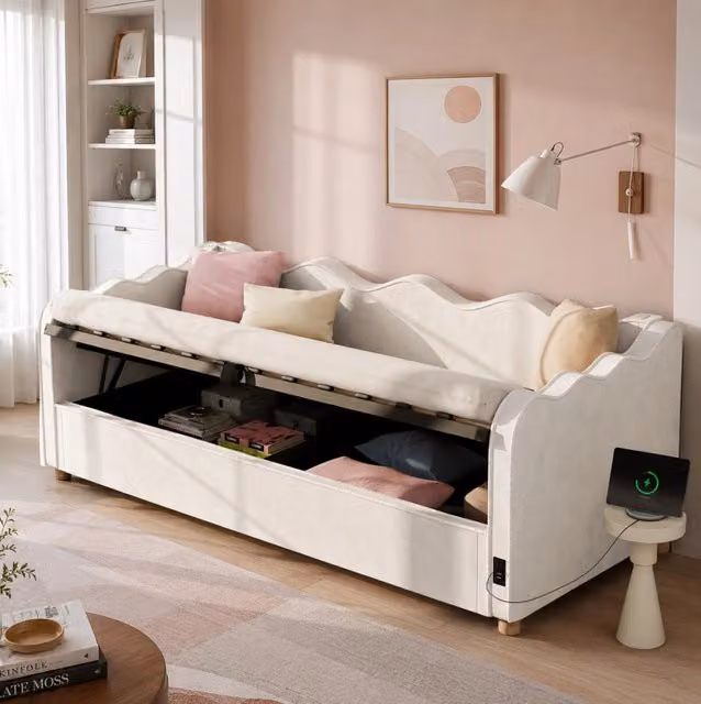 Letto imbottito 90x200 cm con contenitore idraulico; rete a doghe; USB e Type-C; velluto beige