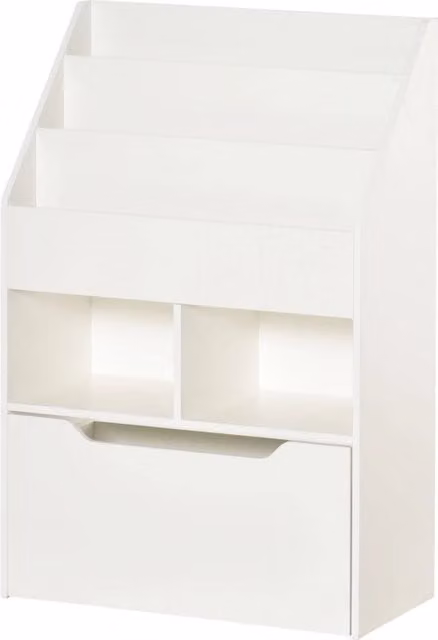 Scaffale per libri bambini bianco con cassetto, 3 ripiani e 2 vani aperti, 60 x 29,9 x 90 cm