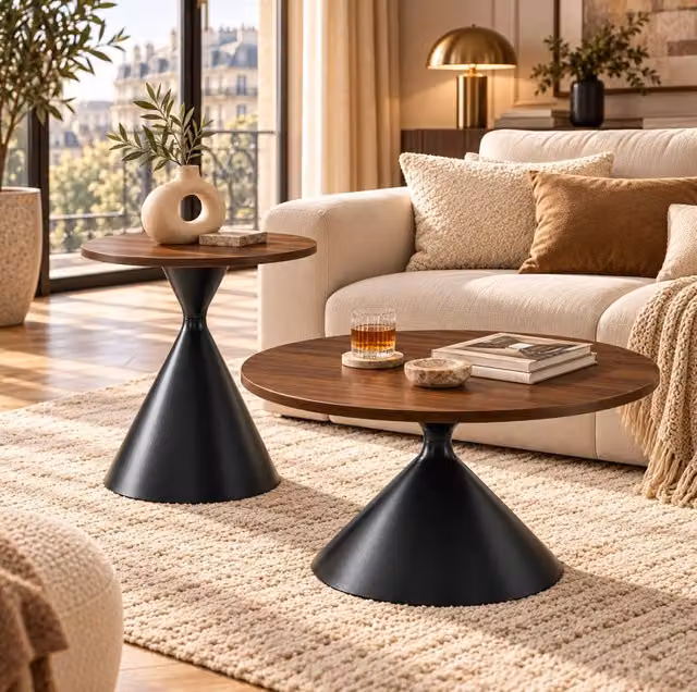 Set 2 tavolini rotondi impilabili Ø70/50 cm noce e nero; piano melaminico