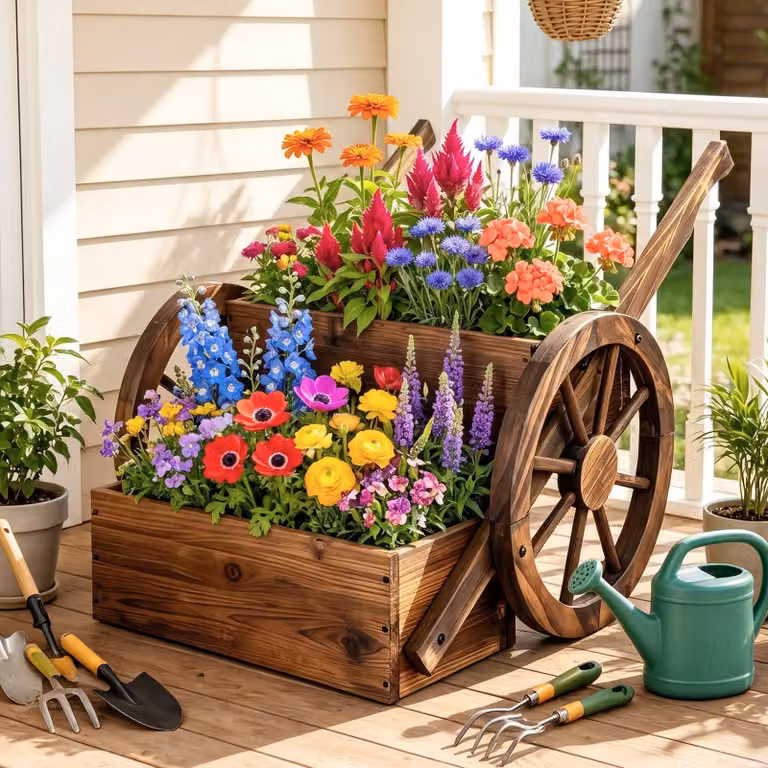 Fioriera a carrello Costway in legno rustico marrone con 2 livelli, ruote e maniglie per giardino e uso interno ed esterno