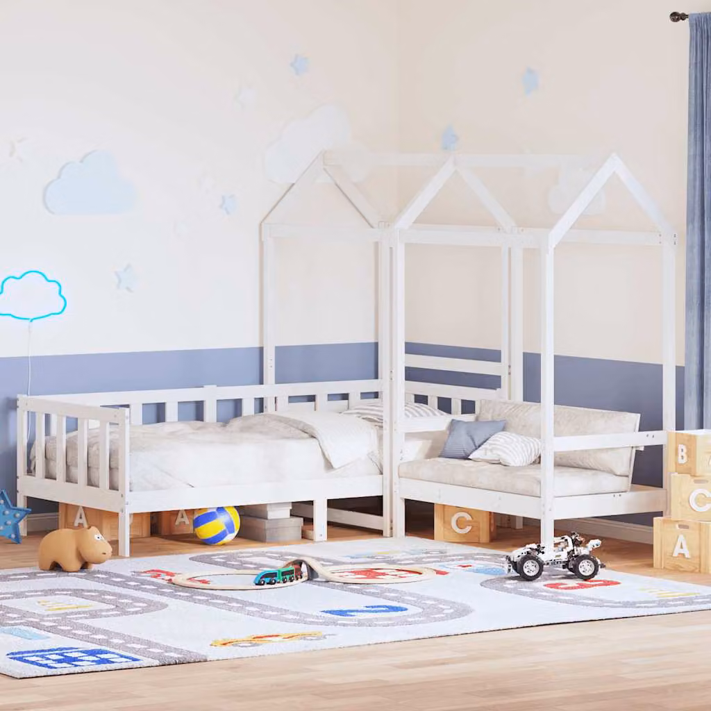 Set Letto a Casetta con Panca vidaXL in Legno di Pino Massello Bianco per Bambini L/P/H: 200 x 80 x 220 cm