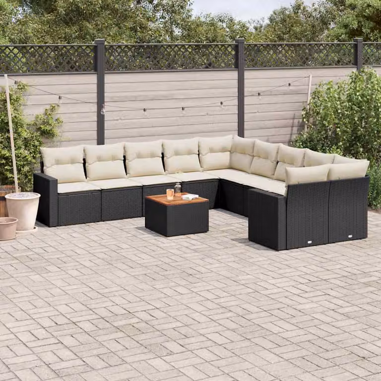 vidaXL Set Divani da Giardino a L 11 pz in Polyrattan Nero con Cuscini e Tavolino