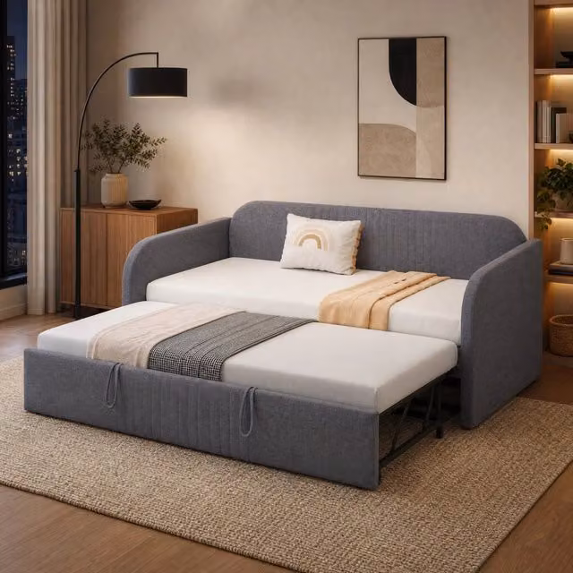 Divano letto estraibile Mivray rivestito in lino grigio con rete a doghe, L/P/H: 180 x 190 x 90 cm