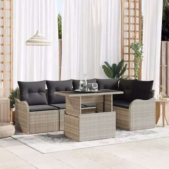 Set da pranzo moderno vidaXL in polyrattan e vetro grigio per giardino e terrazzo, 6 pezzi