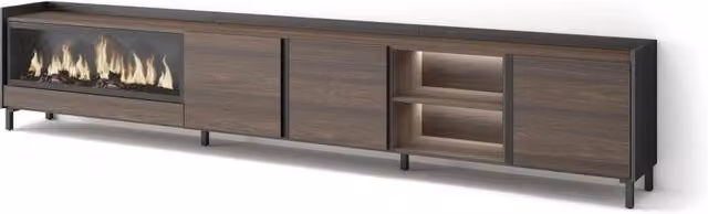Mobile TV Soggiorno, 315x61x35 cm, Per TV fino a 80", Camino elettrico XXL, Design industriale, LED, Rovere scuro e Nero