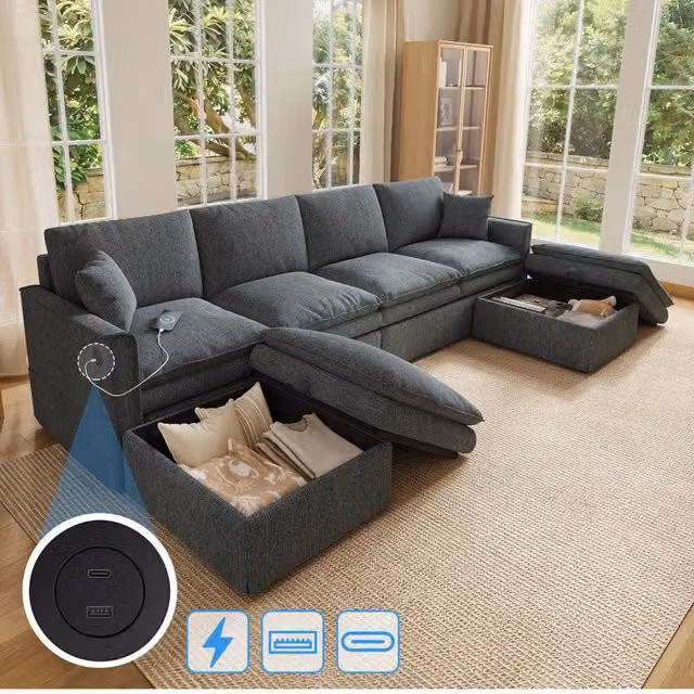 Divano modulare 6 posti a U/L con 2 pouf contenitore e USB; grigio 277x135x80 cm