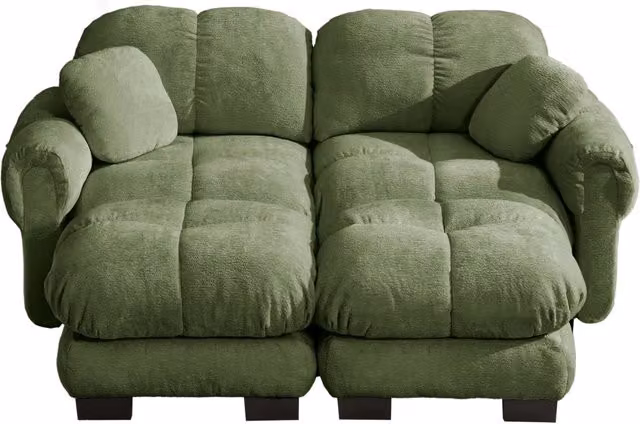 Divano 2 posti in chenille verde con pouf modulare e cuscini imbottiti, dimensioni 190x149x90 cm