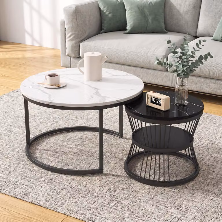 INONEFT, set da 2 tavolini rotondi, design moderno, tavolino da caffè in legno, ideale per balcone, ufficio, struttura in metallo, tavolino con spazio contenitivo, nero e bianco