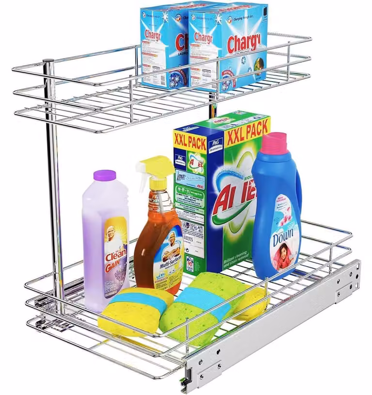 Ripiano metallico cromato a 2 livelli, da posizionare sotto il lavello, ideale per l'organizzazione di cucine, bagni e altri ambienti. Perfetto per l'organizzazione e lo stoccaggio