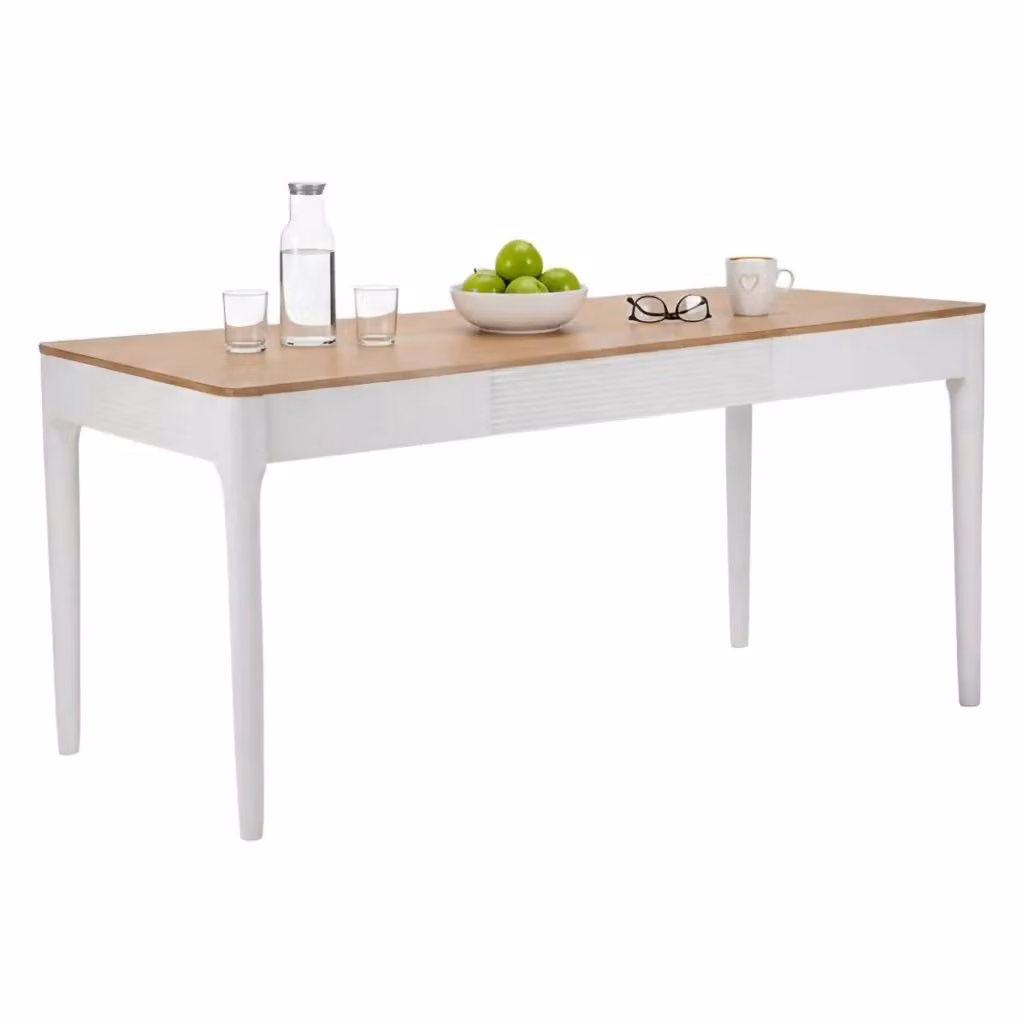 Tavolo fisso moderno DMORA per sala da pranzo, ripiano rettangolare in legno e metallo, Bianco e Marrone, L: 180 cm, P: 60 cm, H: 80 cm – 2