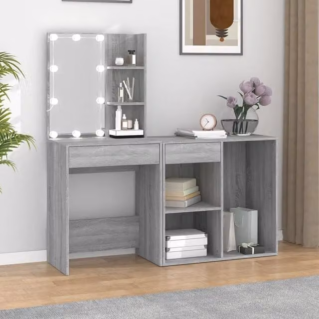 Toeletta Hollywood con LED e Armadietto Grigio in MDF e Legno Multistrato – 1