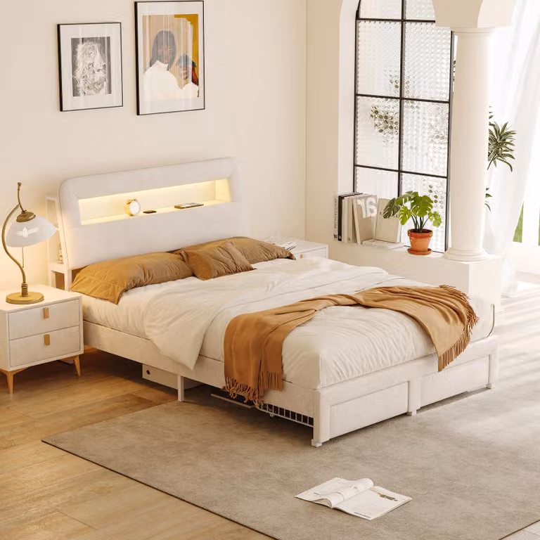 Letto Moonbite con contenitore, dimensioni 140x200 cm – Struttura in metallo rivestita in velluto, testiera LED con prese USB e cassetti laterali, velluto, color beige
