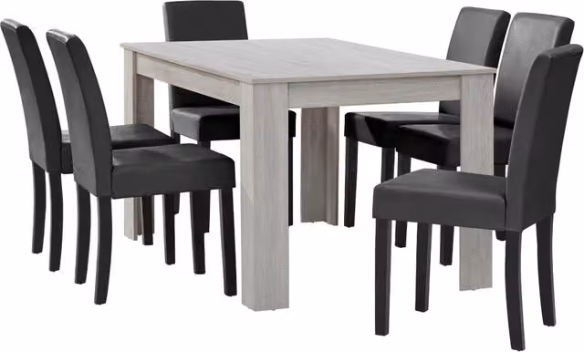 Set Pranzo con Tavolo 140x90 cm e 6 Sedie in Similpelle - Effetto Rovere Bianco / Grigio scuro [en.casa]