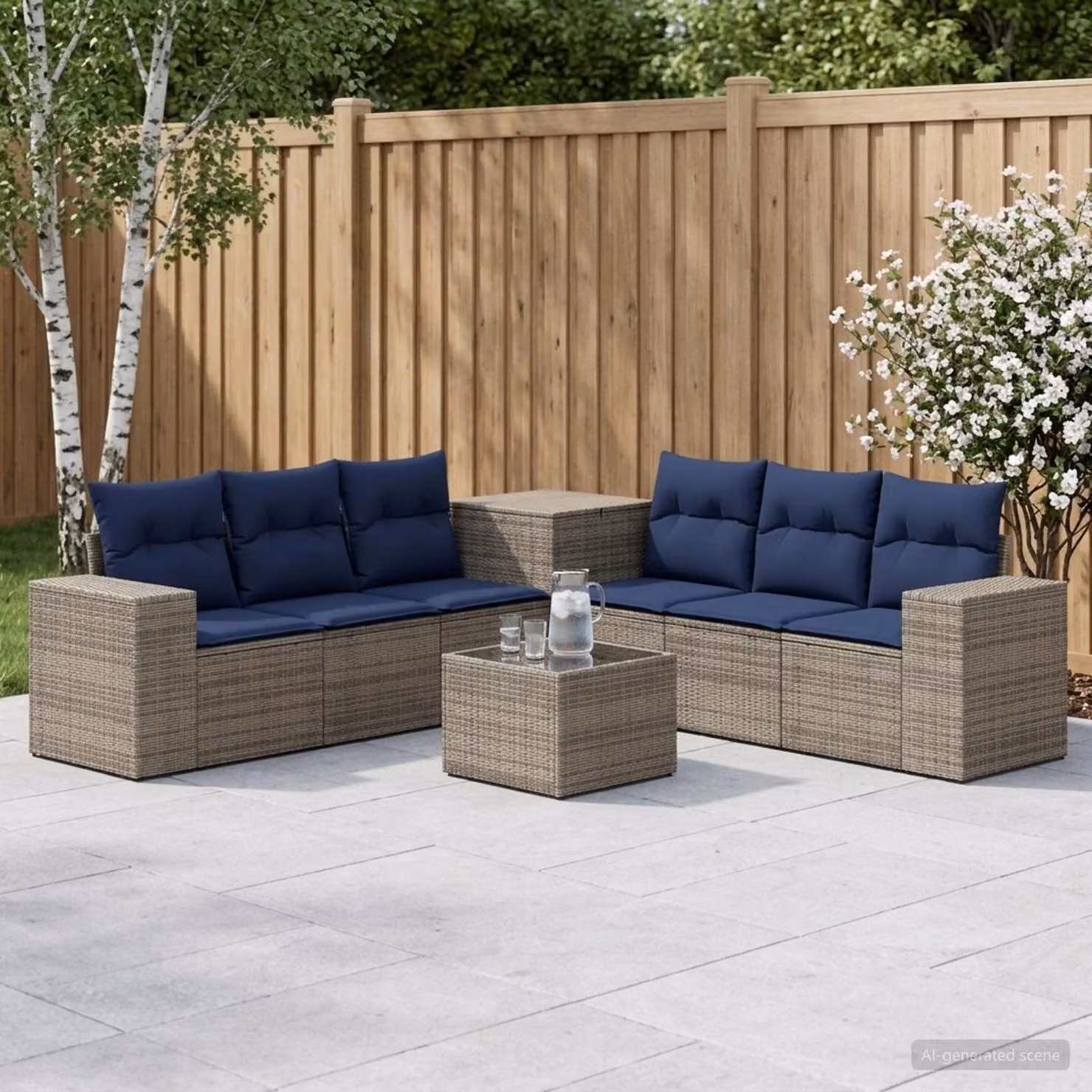 vidaXL Set di divani da giardino 8 pezzi in rattan e acciaio con cuscini Grigio e Blu Navy