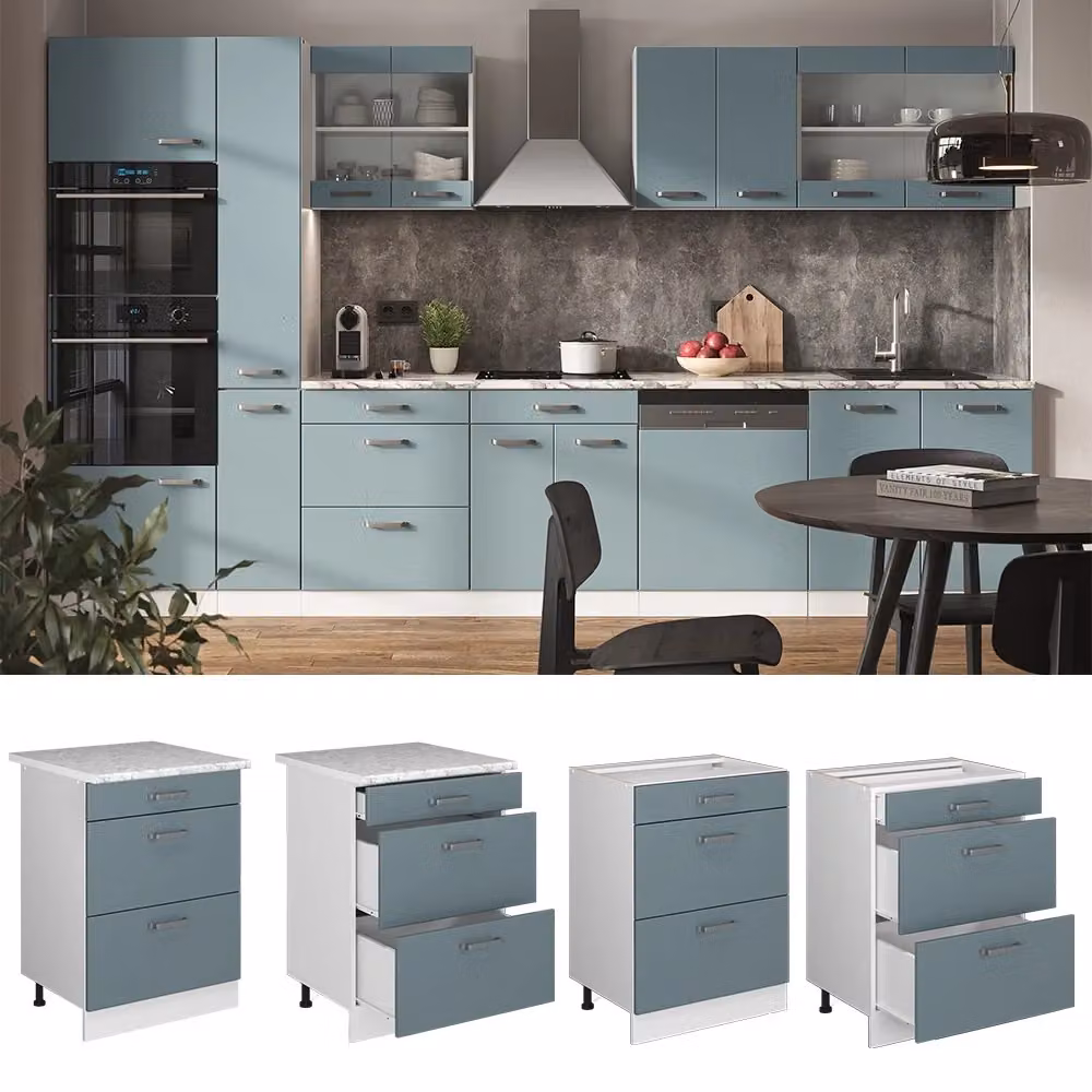 Mobiletto base per cucina Vicco R-Line Grigio-blu/Bianco con cassetti, senza piano di lavoro, L: 60 cm – 2
