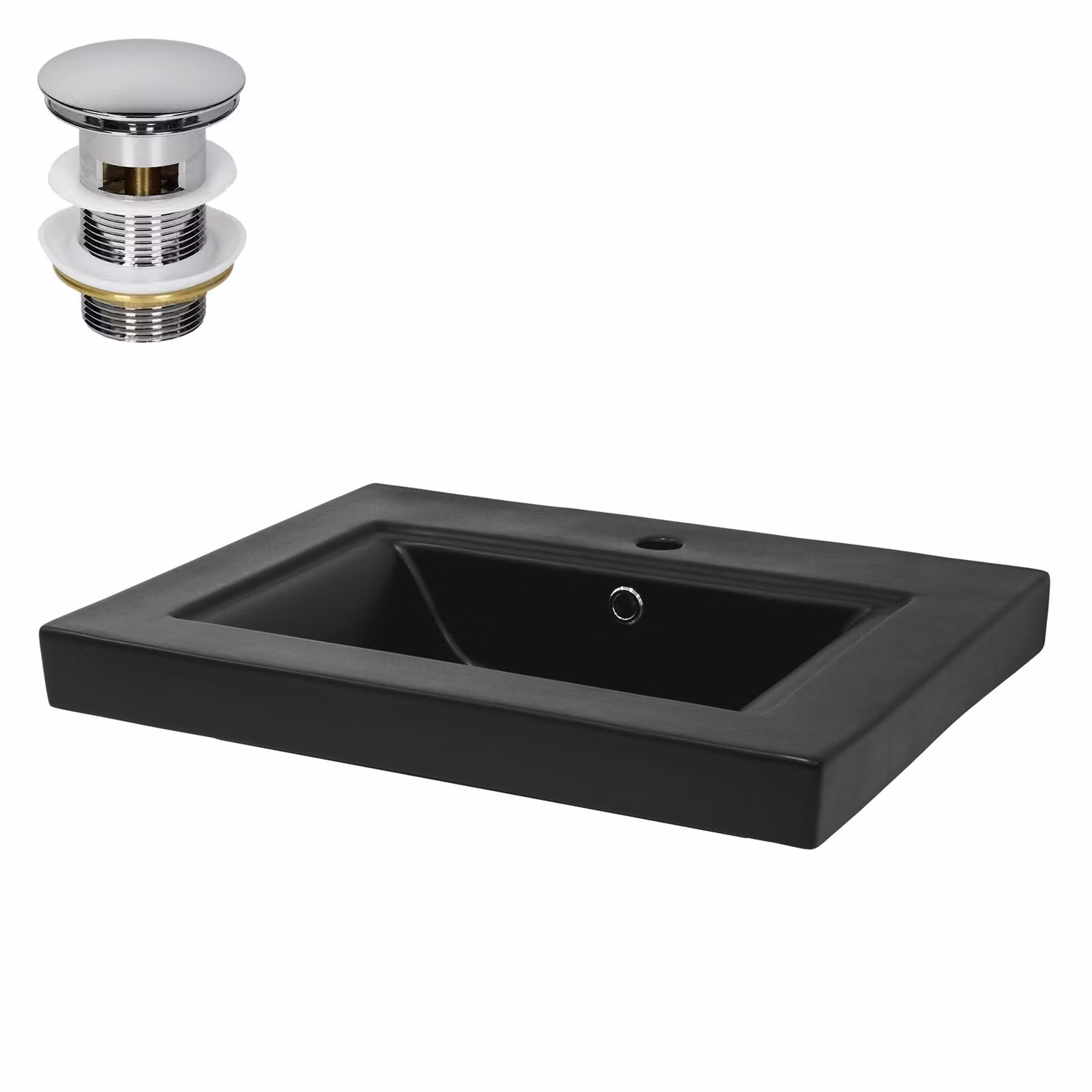 Lavabo LuxeBath Lavabo da appoggio Square, 61x46,5x15,5 cm, nero, in Vetroceramica, incl. set di scarico con troppopieno
