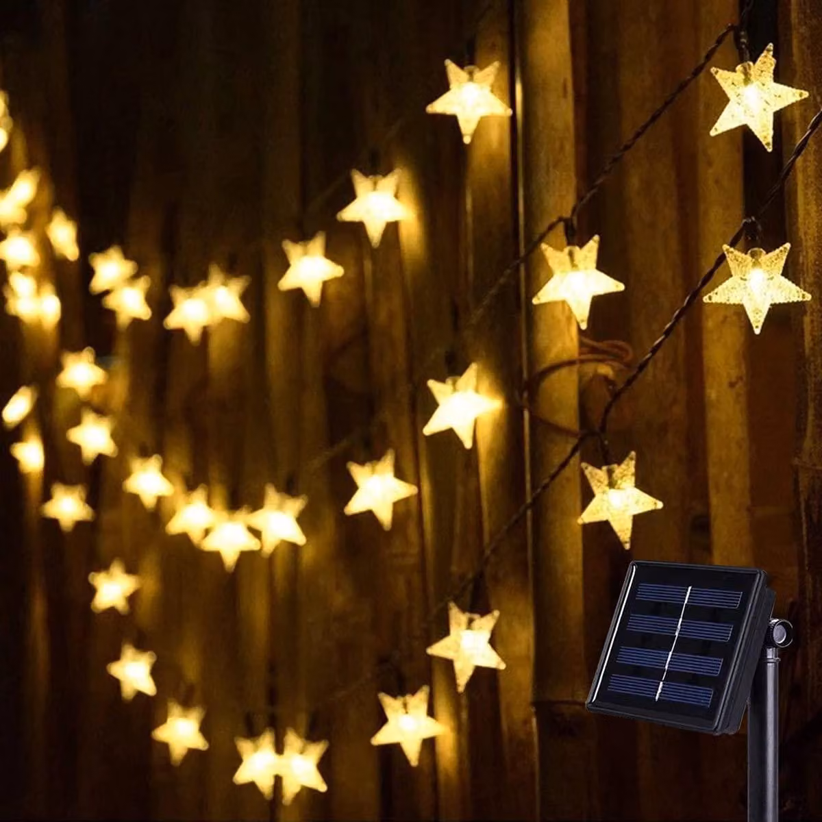 Catena luminosa solare con 120 LED, lunghezza 15 metri, forma a stella, luce bianco caldo, resistente alle intemperie, 8 modalità