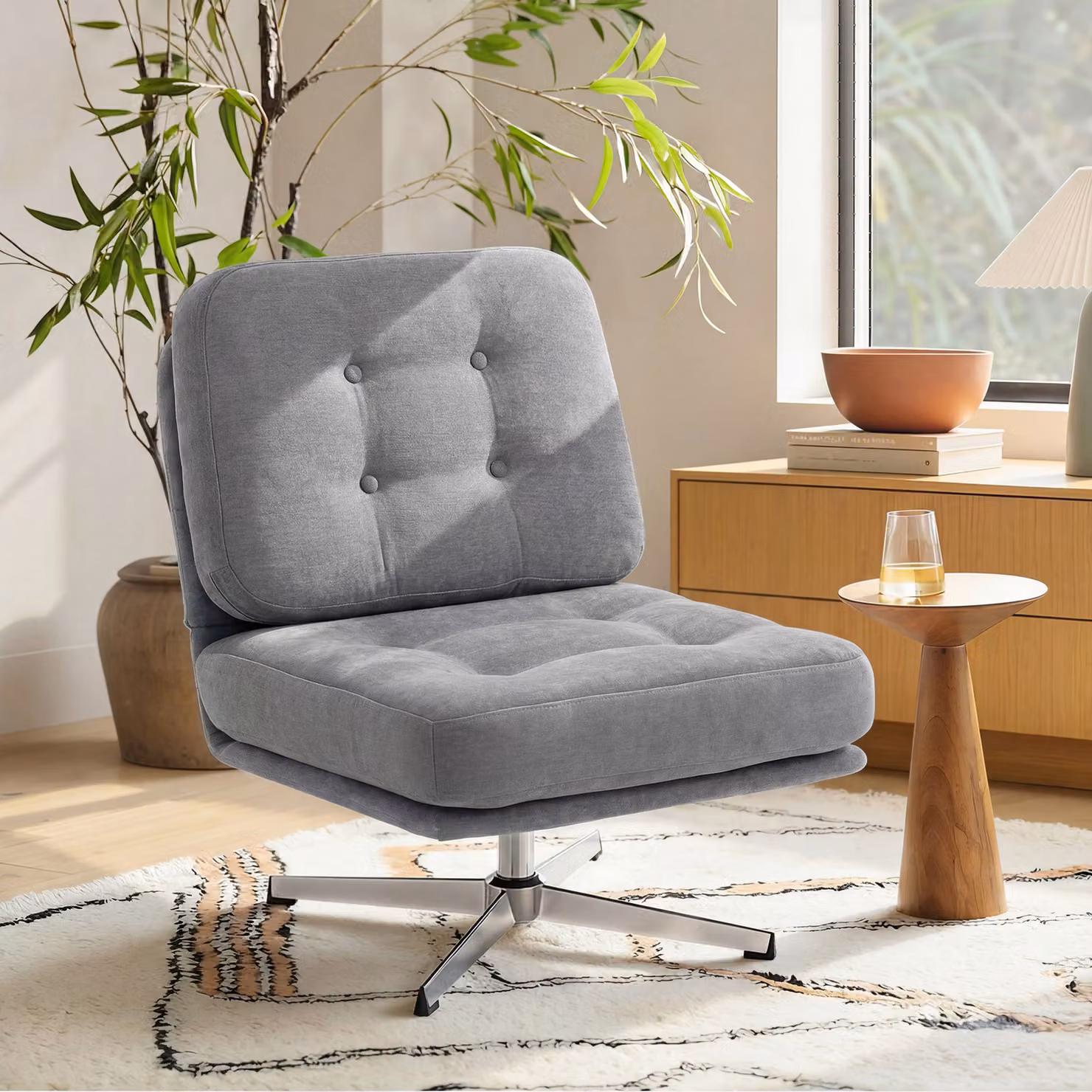 Poltrona girevole da lettura HOMCOM in velluto grigio con seduta imbottita a molle e base in metallo – 2