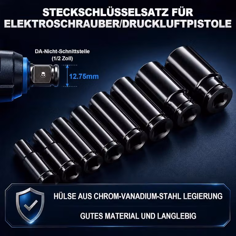 Set di bussole per avvitatore a percussione, 10 pezzi, 1/2 pollice, da 8 a 24 mm, in acciaio cromo-vanadio, per riparazioni auto