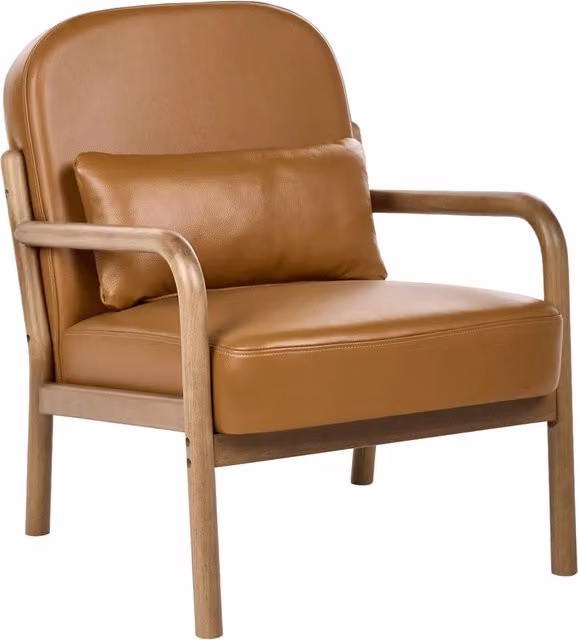 Poltrona in pelle marrone dorato con struttura in legno stile Mid-Century e Moderno