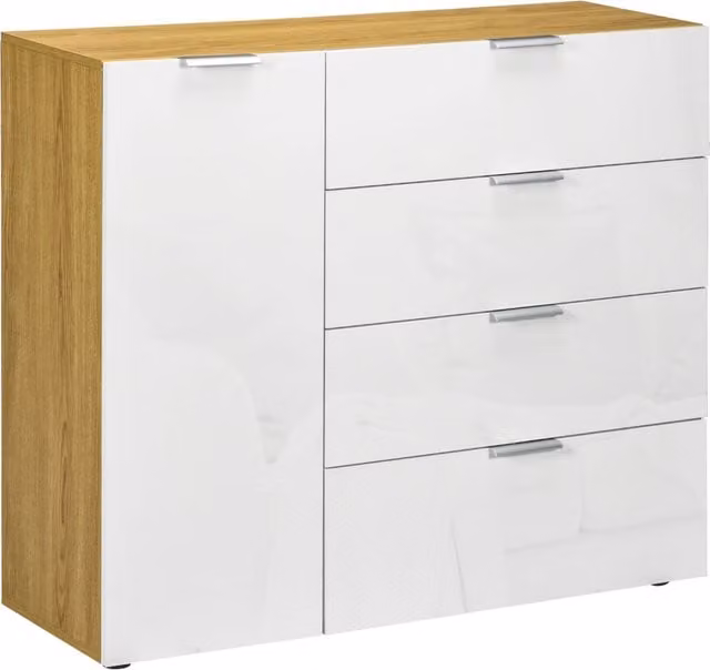 Cassettiera con 4 Cassetti e Anta ¨C Minimal ¨C 105x35x92 cm Bianco e Naturale