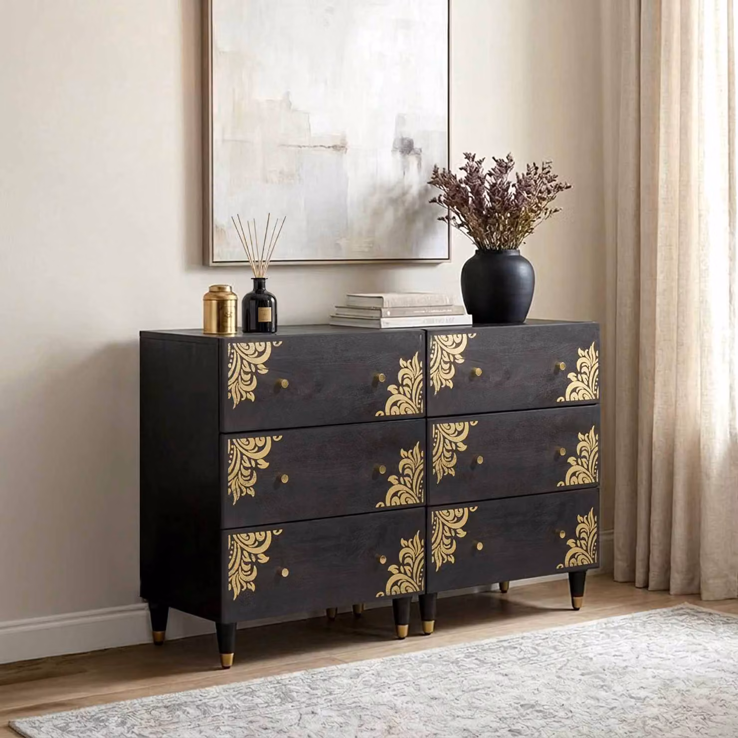 Set di 2 credenze moderne vidaXL in legno di mango massello nero e oro L/P/H: 60 x 33 x 75 cm – 1