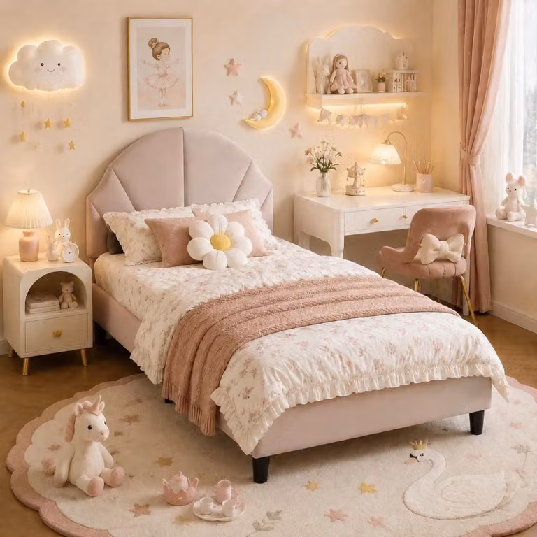 Letto imbottito INONEFT, 90x200 cm, letto per bambini con testiera a forma di conchiglia e rete a doghe, letto singolo con testiera regolabile in altezza, rivestito in velluto, colore rosa