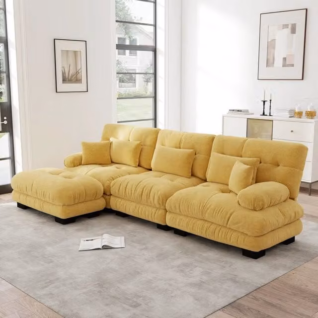 Divano Angolare Modulare MINIMAL con Ottoman in Tessuto a Coste Giallo