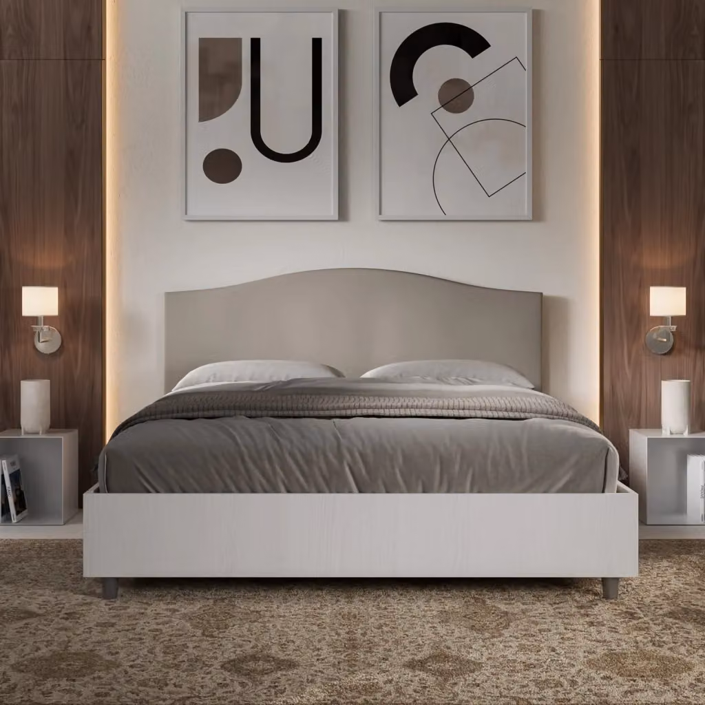 Letto Matrimoniale con Contenitore a Alzata Giordanoshop, Struttura Bianco Frassico e Testata in Similpelle Beige, L/P: 160 x 200 cm – 2