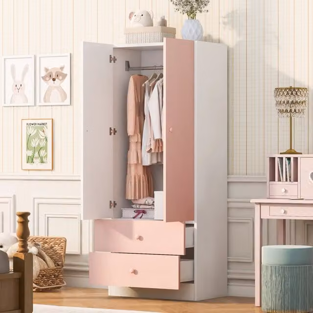 Desviae Armadio con appendiabiti e due cassetti in legno rosa e bianco per camera da letto 70 × 40 × 170 cm