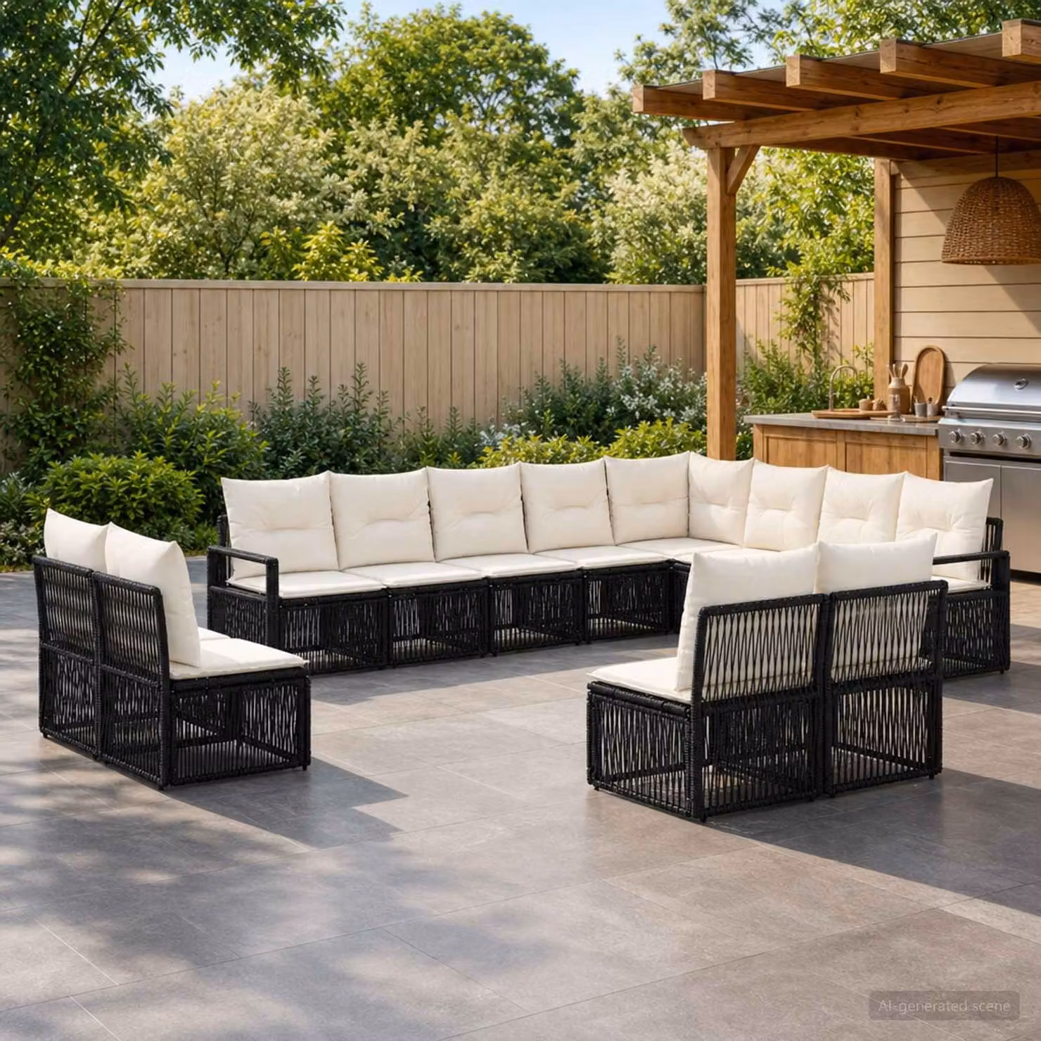 Set Divano da Giardino L-Shape vidaXL Nero con Cuscini e Struttura in Metallo