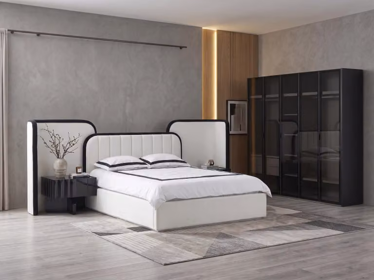 Set per camera da letto moderno, nero ed elegante, composto da letto, armadio e comodini
