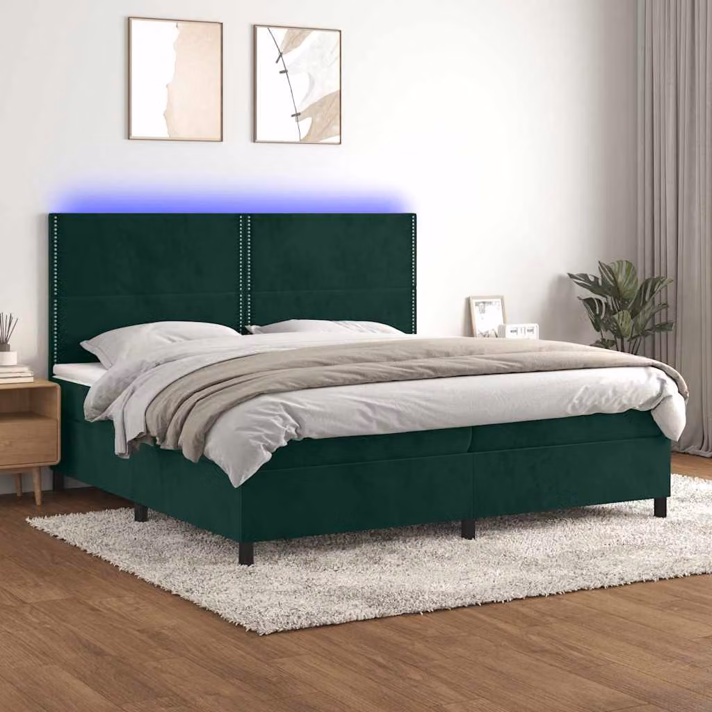 Letto a molle con materasso ibrido vidaXL in velluto verde scuro con illuminazione LED e porta USB, L/P/H: 200 x 200 x 66 cm – 1
