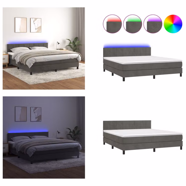vidaXL Letto a molle con materasso e LED in velluto grigio scuro 160x200 cm - Letto a molle - Boxspringbetten - Bett - Betten