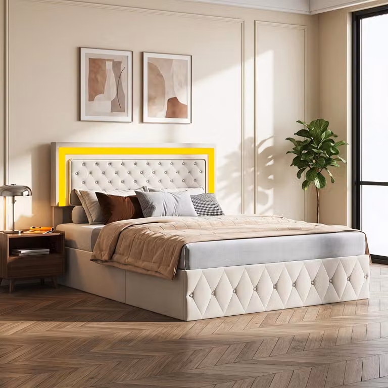Letto matrimoniale con boxspring, dimensioni 140x200 cm, completo di rete a doghe e contenitore, letto a due piazze per ragazzi con LED e cassettiera, letto contenitore multifunzionale, rivestito in velluto, color beige