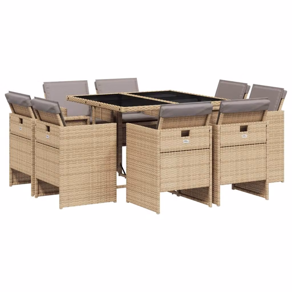 Set Pranzo da Giardino 9 pz con Cuscini Beige Misto Polyrattan