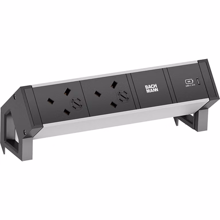 BACHMANN DESK2 ALU BLACK 2xUK, 1xUSBC 30W 0,2m GST18 Regno Unito