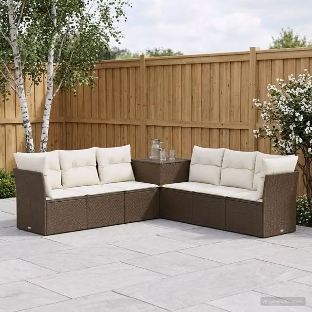Set di divani da giardino moderno vidaXL composto da 7 pezzi in marrone e bianco con struttura in metallo e cuscini inclusi