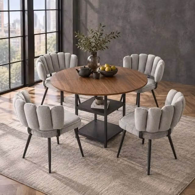 Set da pranzo MIVRAY composto da tavolo rotondo con doppio ripiano in MDF finitura noce e 4 sedie in tessuto grigio, Diametro: 120 cm, Altezza: 75 cm