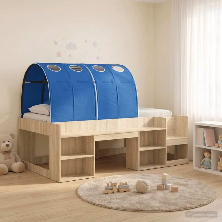 Letto alto singolo per bambini vidaXL con contenitore e scale, Rovere Sonoma e Blu, L: 120,0 cm, P: 118,5 cm, H: 165,0 cm