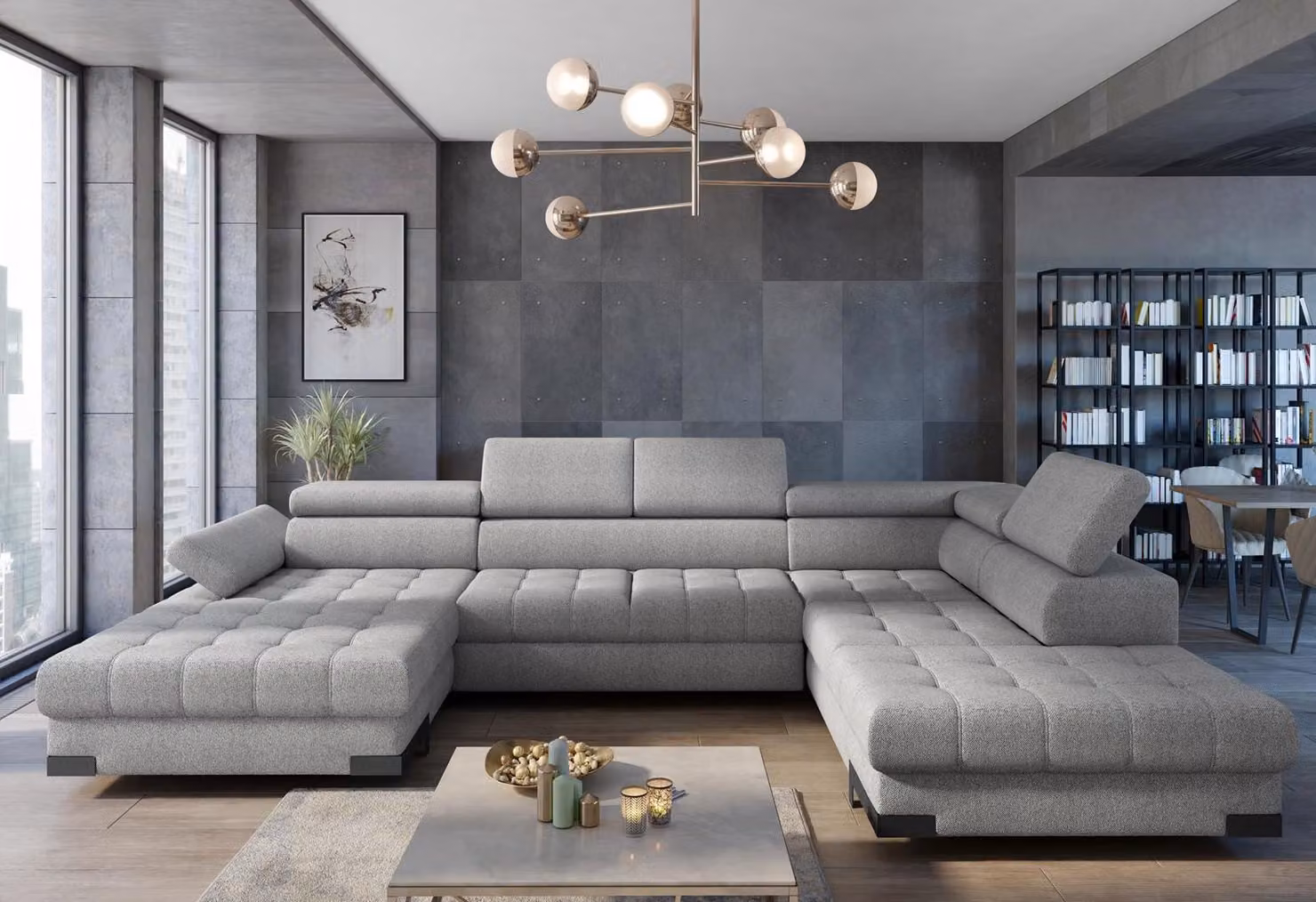 Divano angolare in tessuto per la zona giorno Letto a U funzione divano design imbottitura tessile angolare