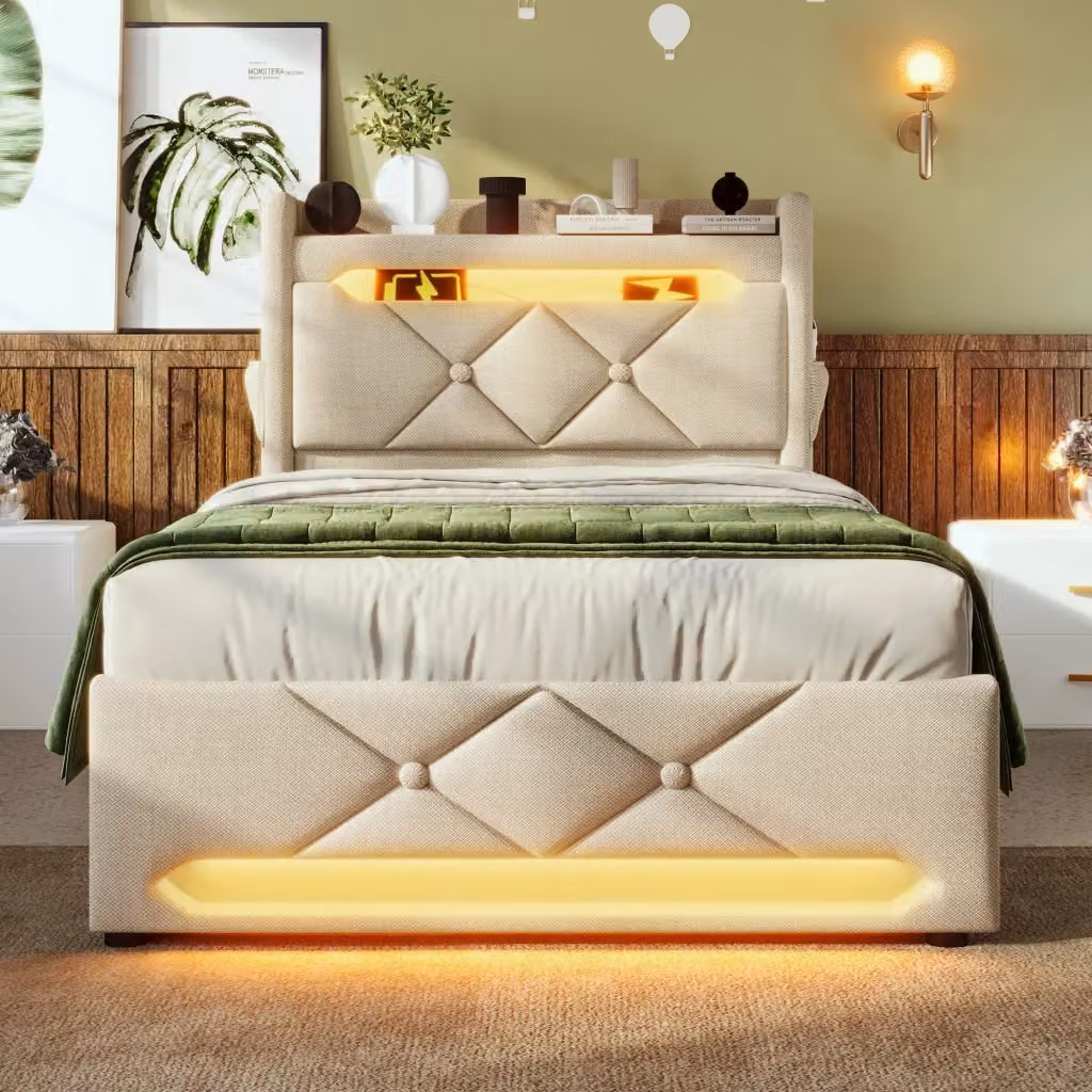Letto singolo OKWISH in lino beige con illuminazione LED, porte USB e USB-C, contenitore idraulico e mensola integrata, L/P/H: 90 x 200 x 111 cm – 2